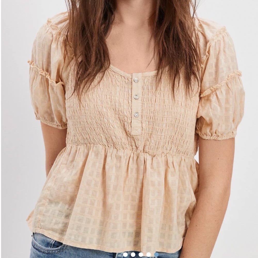 American Eagle Cottagecore Smocked Peplum Puff Sleeve Babydoll Blouse Size Small